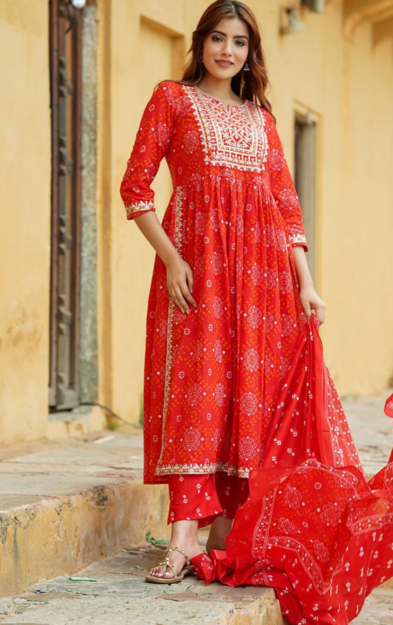 Bandhani printed embroidered Kurtha set with pants and dupatta