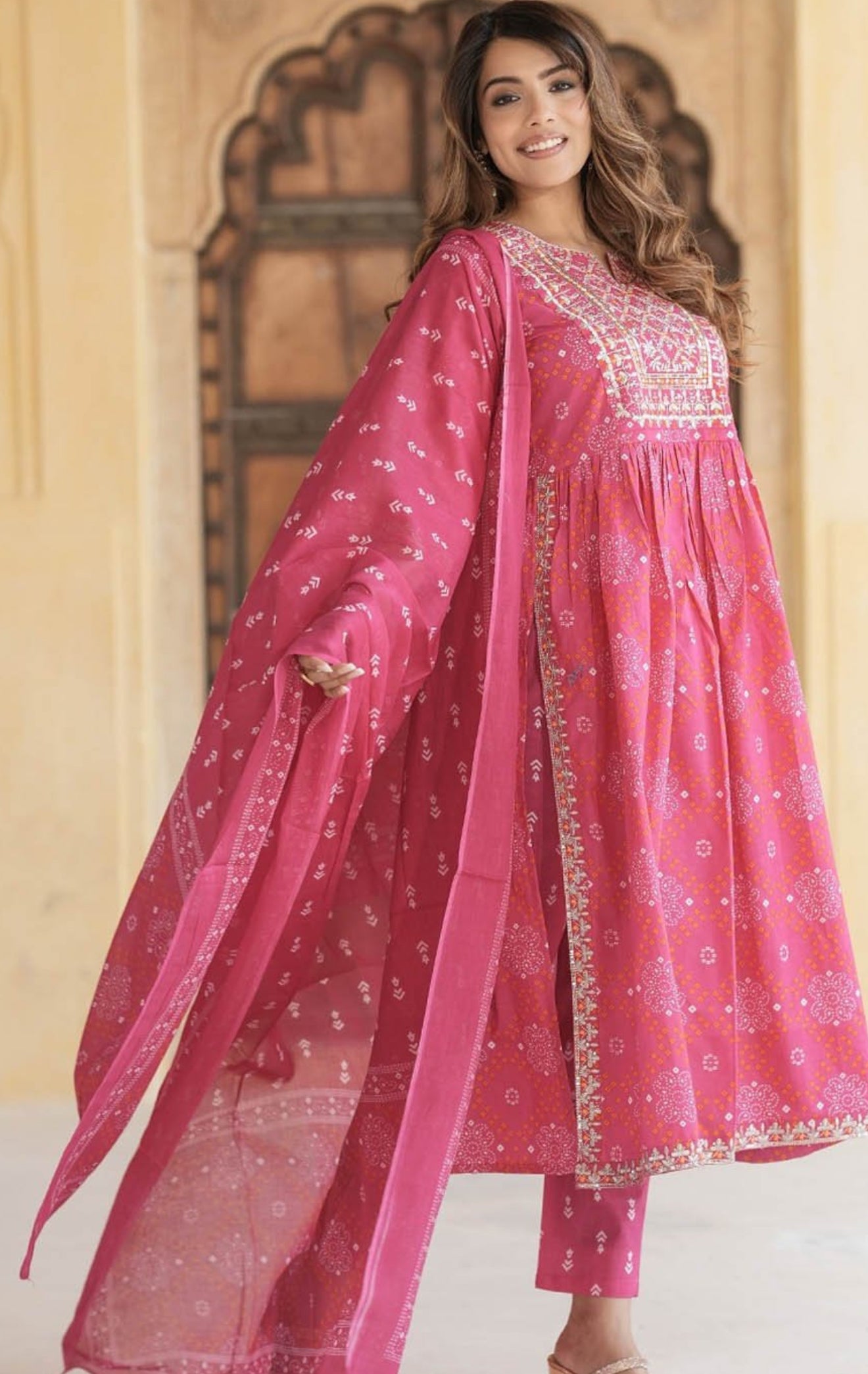 Bandhani printed embroidered Kurtha set with pants and dupatta