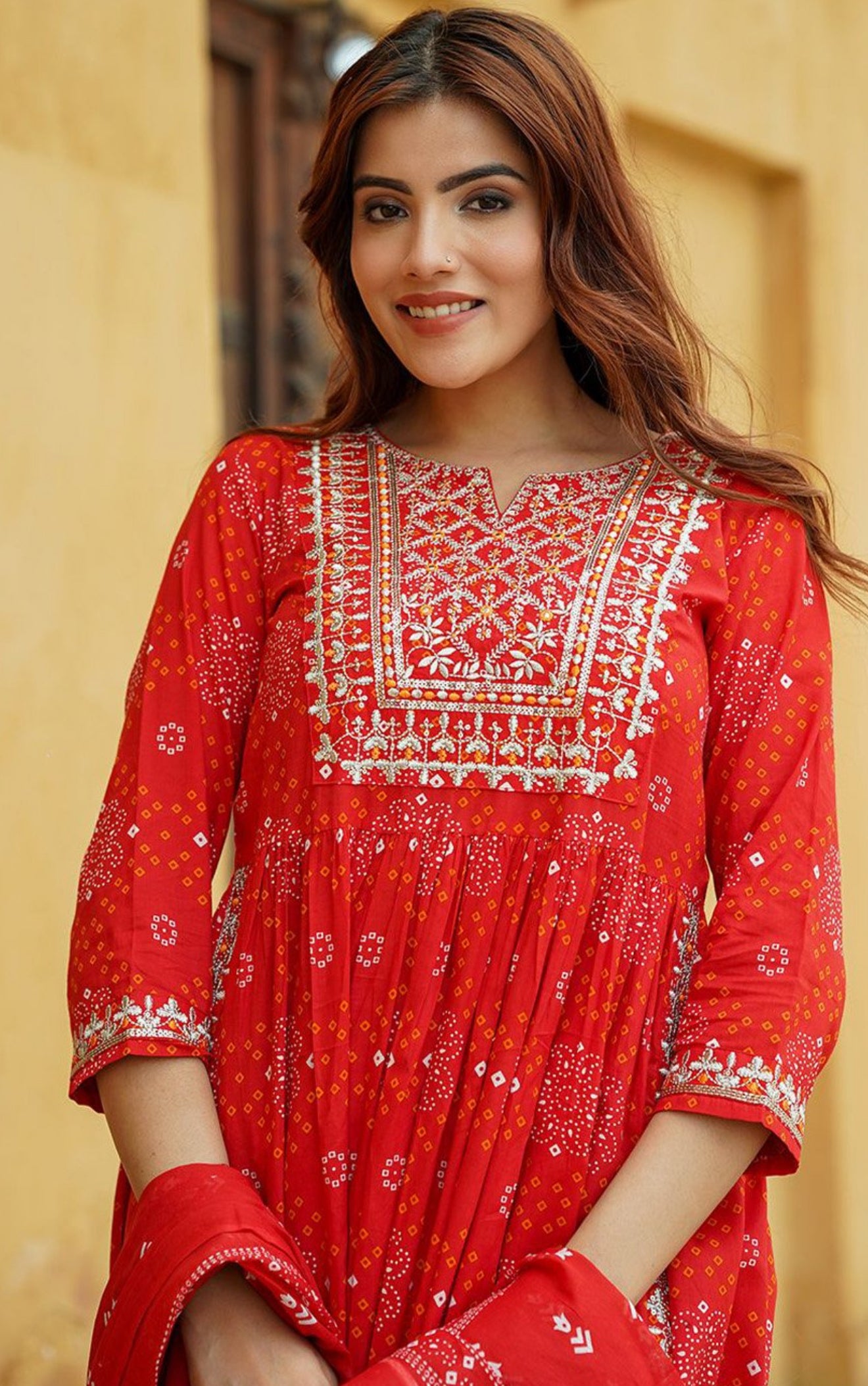 Bandhani printed embroidered Kurtha set with pants and dupatta