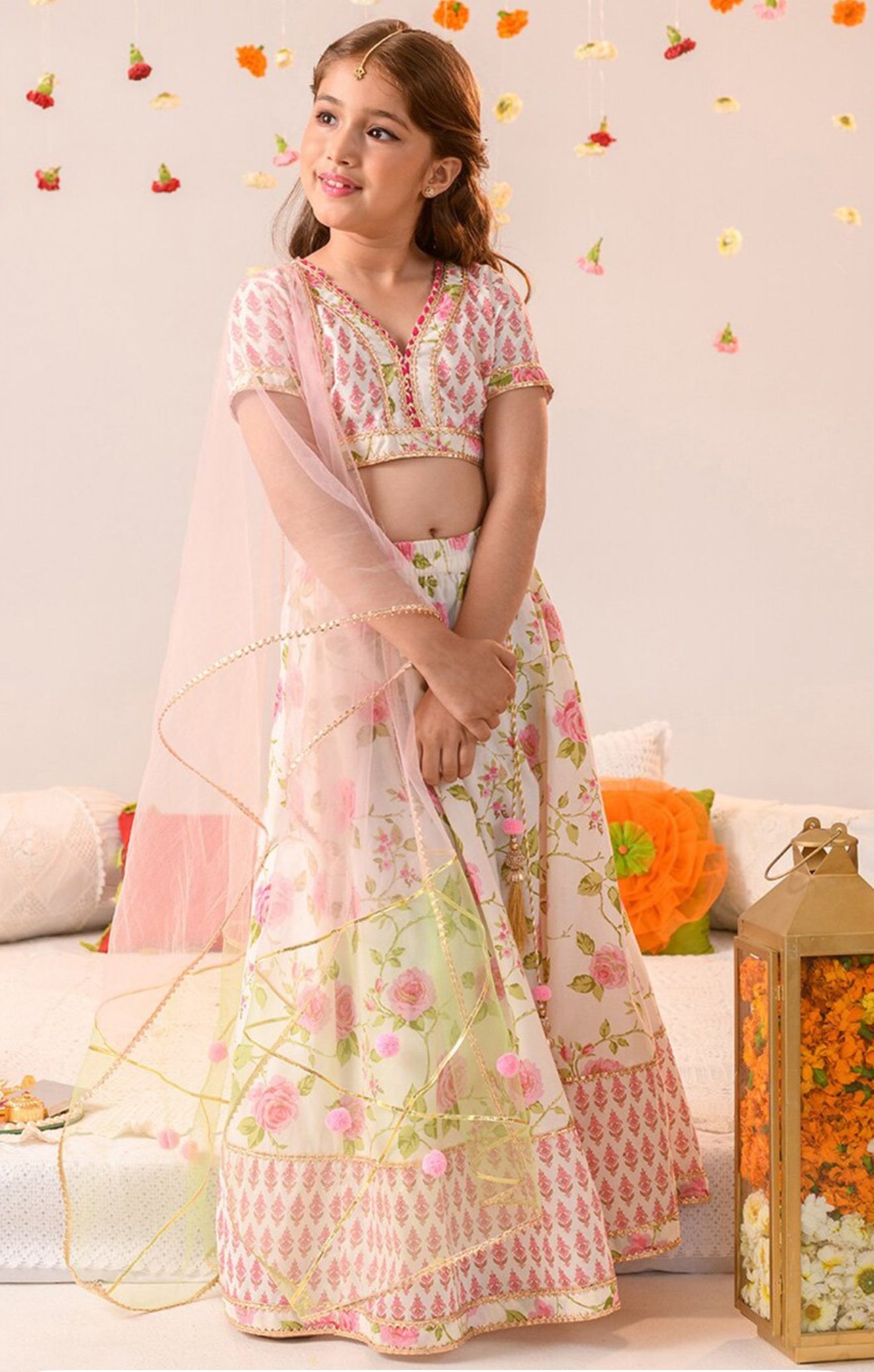 Girls Cotton Beige and Pink Floral Ready to Wear Lehanga Choli Set