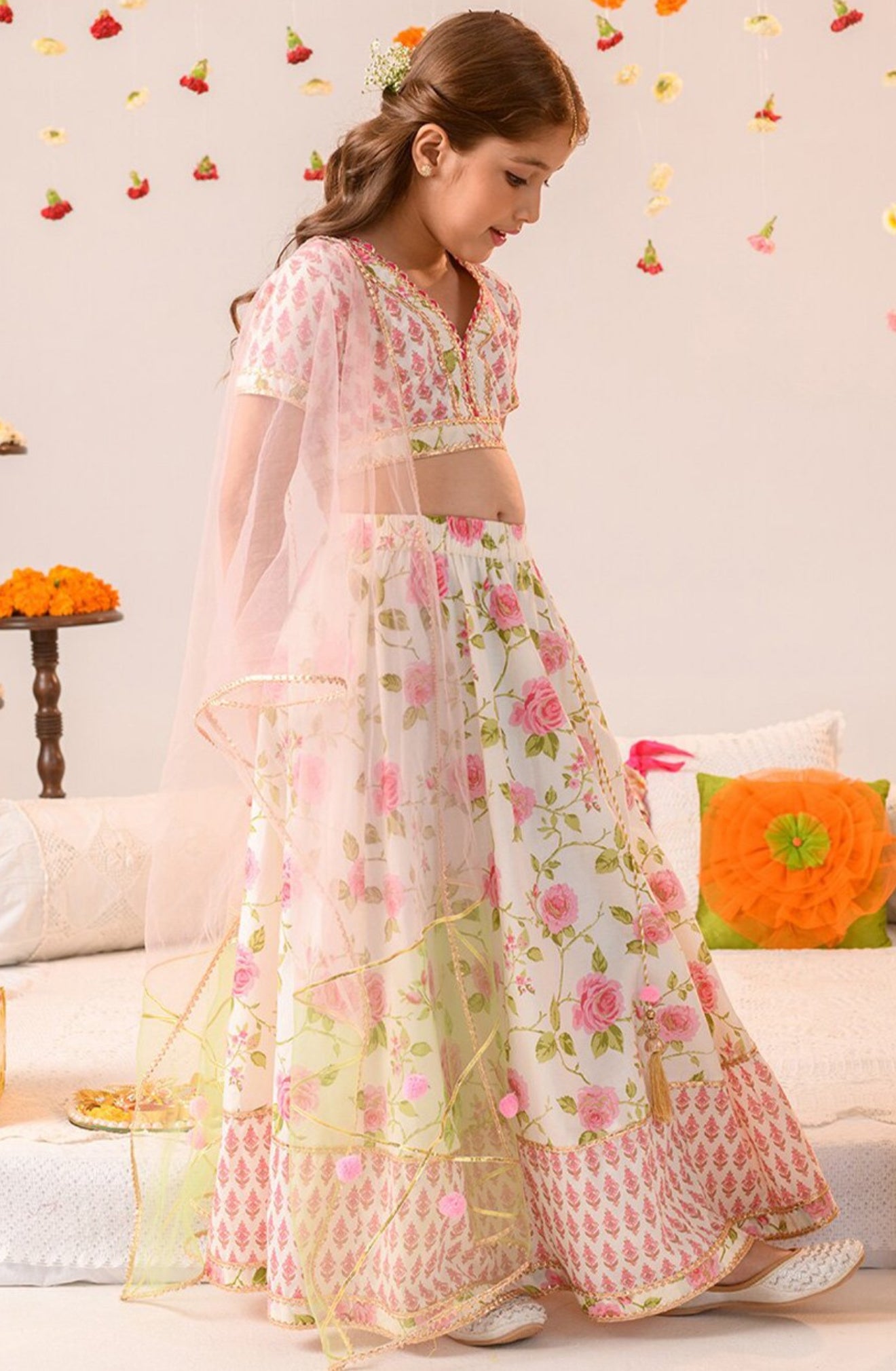Girls Cotton Beige and Pink Floral Ready to Wear Lehanga Choli Set