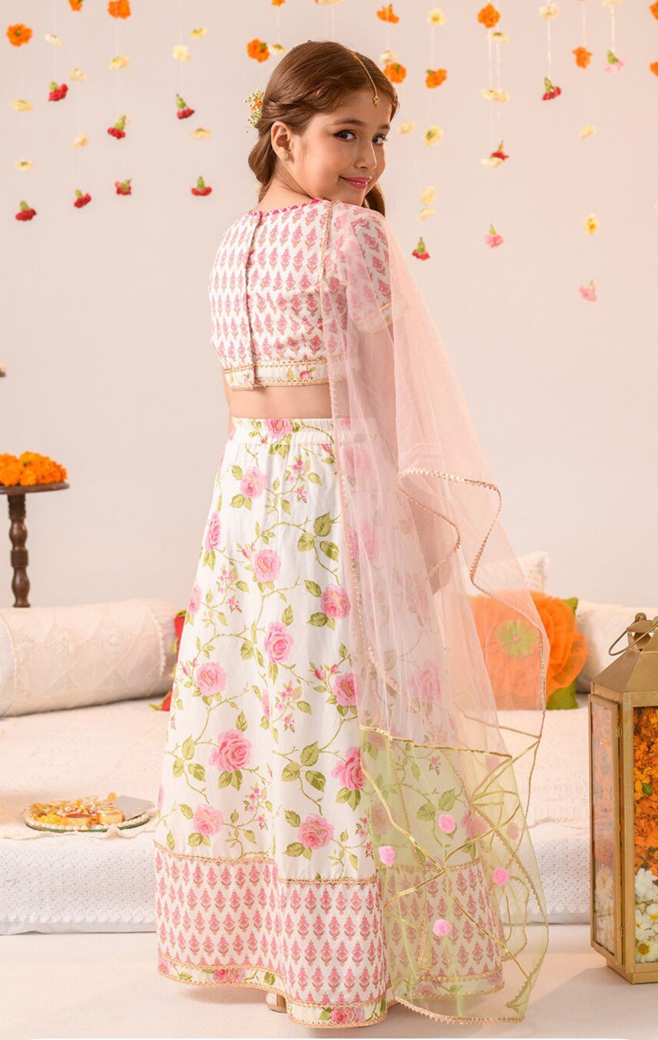 Girls Cotton Beige and Pink Floral Ready to Wear Lehanga Choli Set