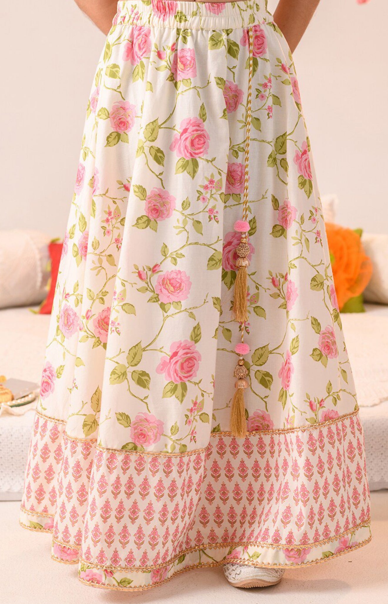 Girls Cotton Beige and Pink Floral Ready to Wear Lehanga Choli Set