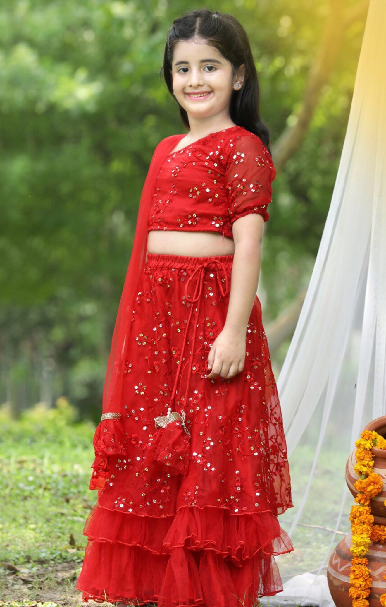 Girls Red and Gold toned Zari Sequenced Ready to Wear Lehanga Choli Set