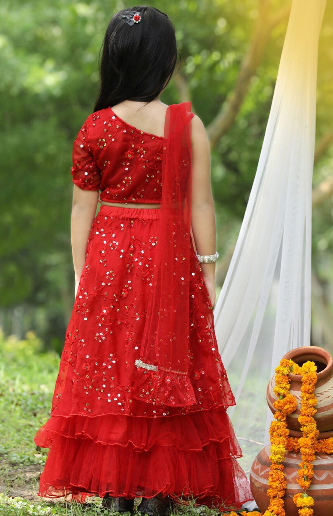 Girls Red and Gold toned Zari Sequenced Ready to Wear Lehanga Choli Set