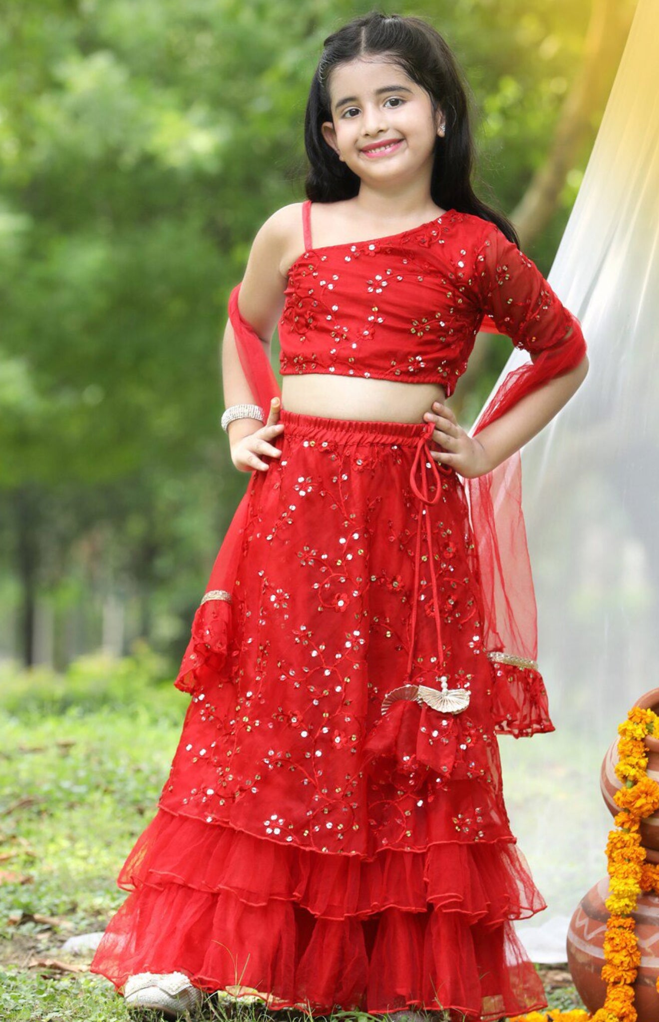 Girls Red and Gold toned Zari Sequenced Ready to Wear Lehanga Choli Set