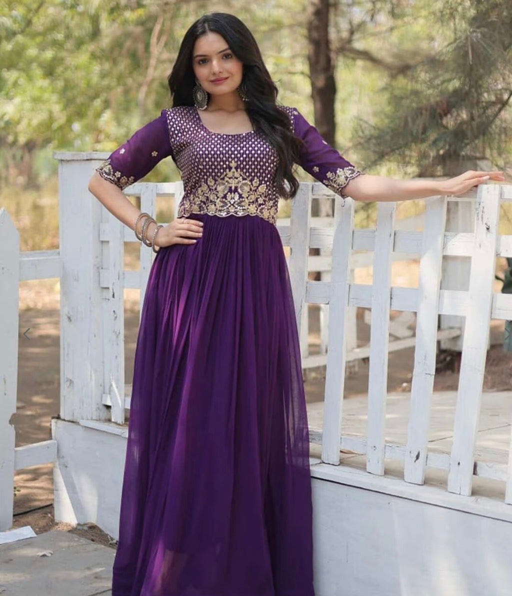 Women Embroidered Flared Gown Dress