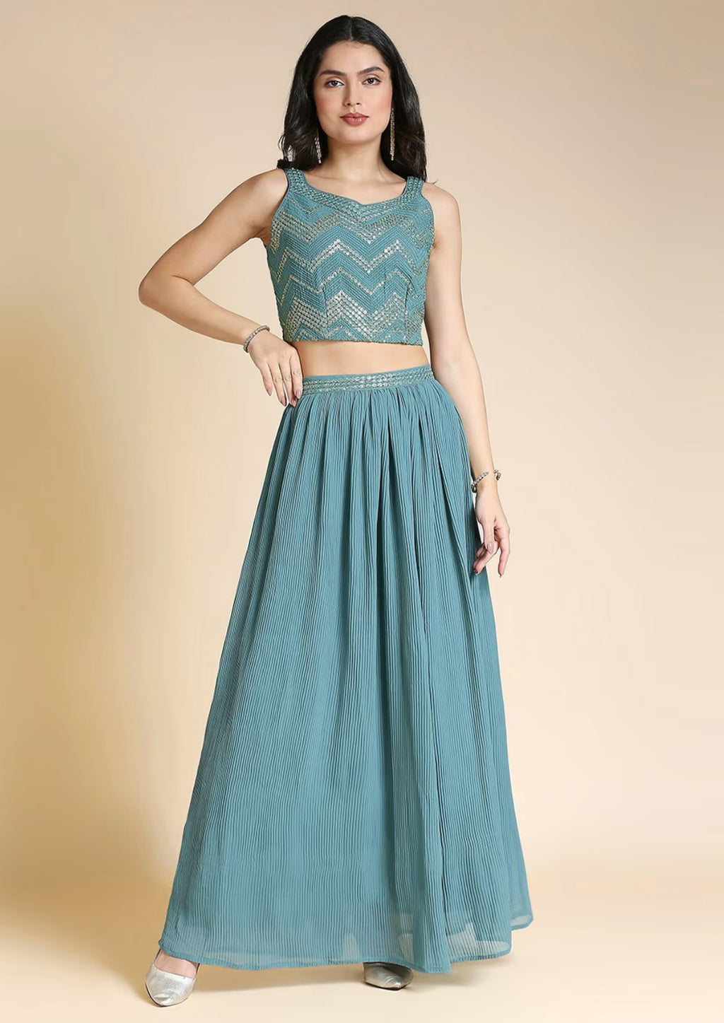 Women Crushed Fabric Party Wear Lehanga Choli Set with Long Shrug