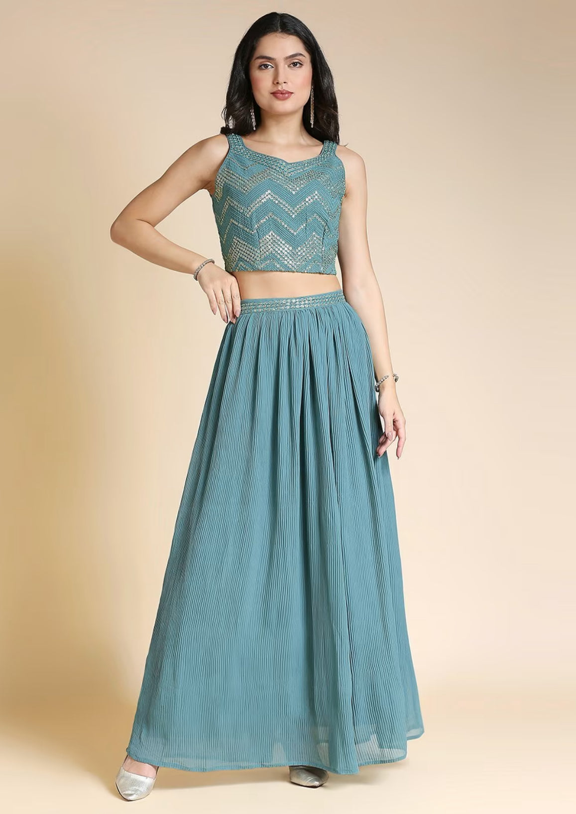 Women Crushed Fabric Party Wear Lehanga Choli Set with Long Shrug