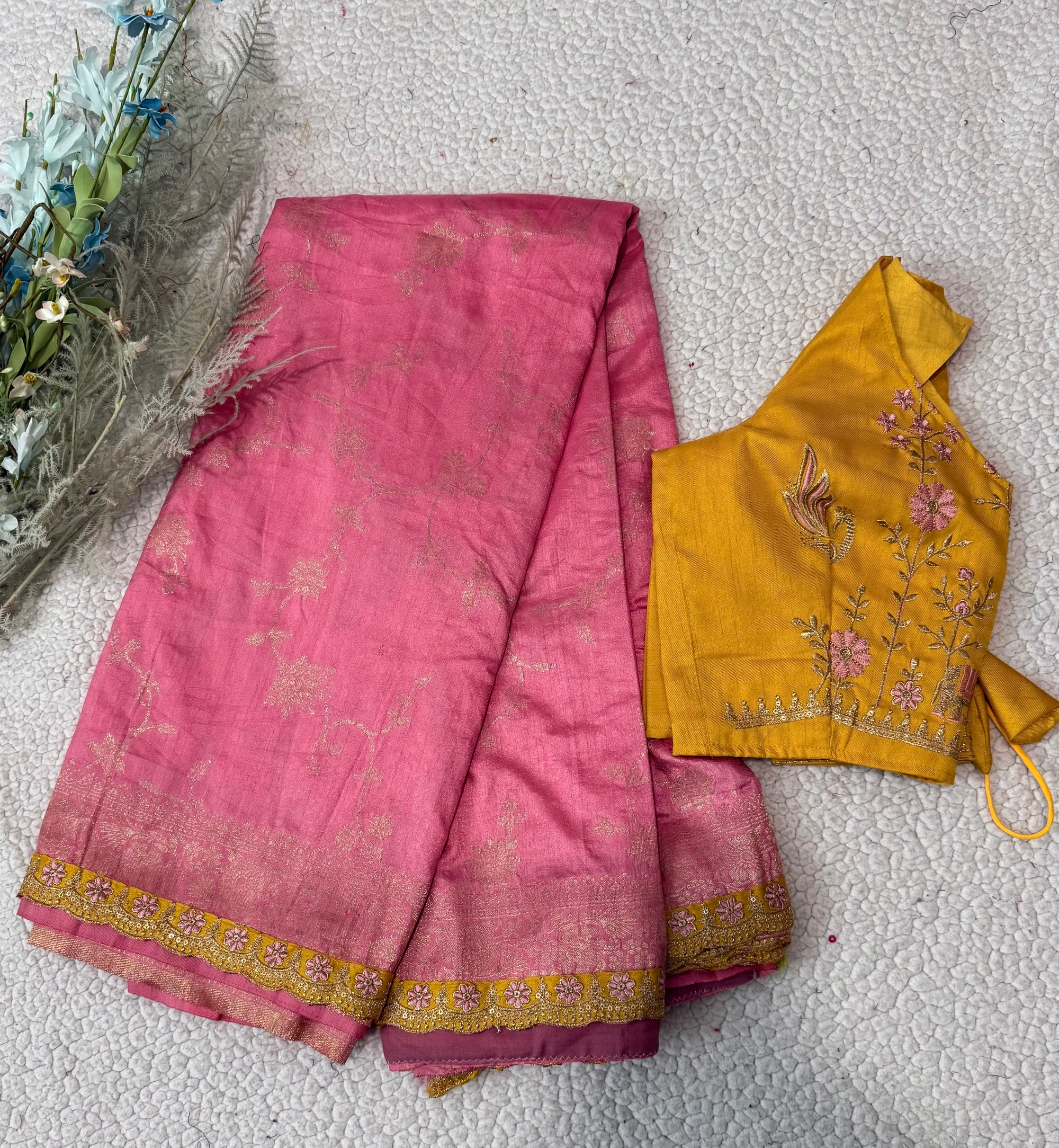 Dola Silk Saree with Embroidered Stitched Blouse