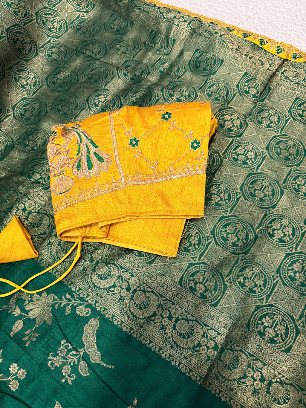 Green Dola Silk Saree with Embroidered Stitched Blouse