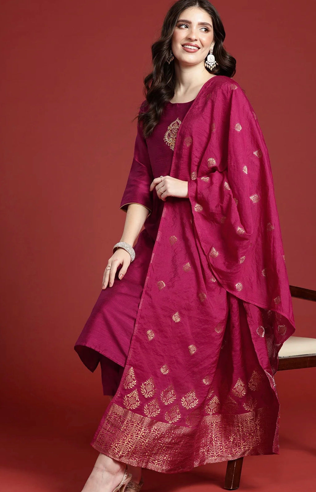 Silk Blend Ethnic Motifs Embroidered Kurtha Set with trousers and dupatta