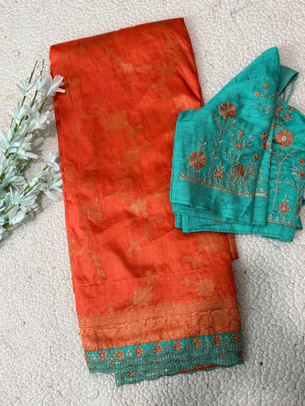 Dola Silk Saree with Embroidered Stitched Blouse