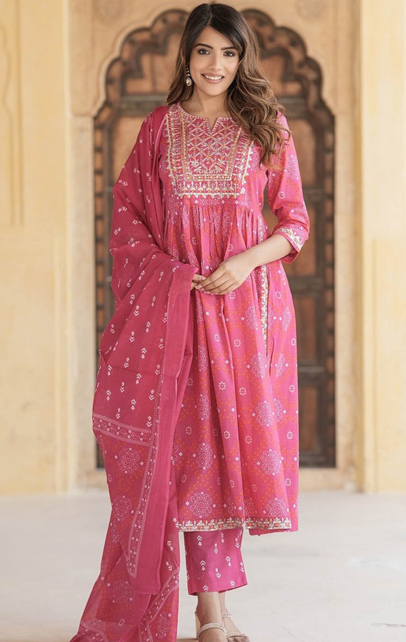 Bandhani printed embroidered Kurtha set with pants and dupatta
