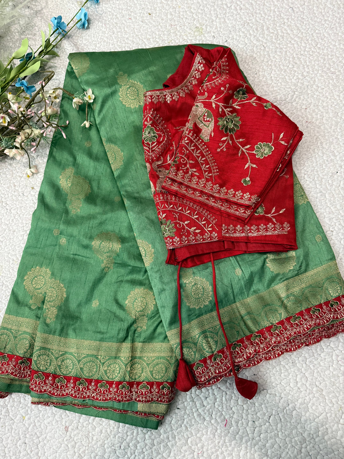 Green Dola Silk Saree with Embroidered Stitched Blouse