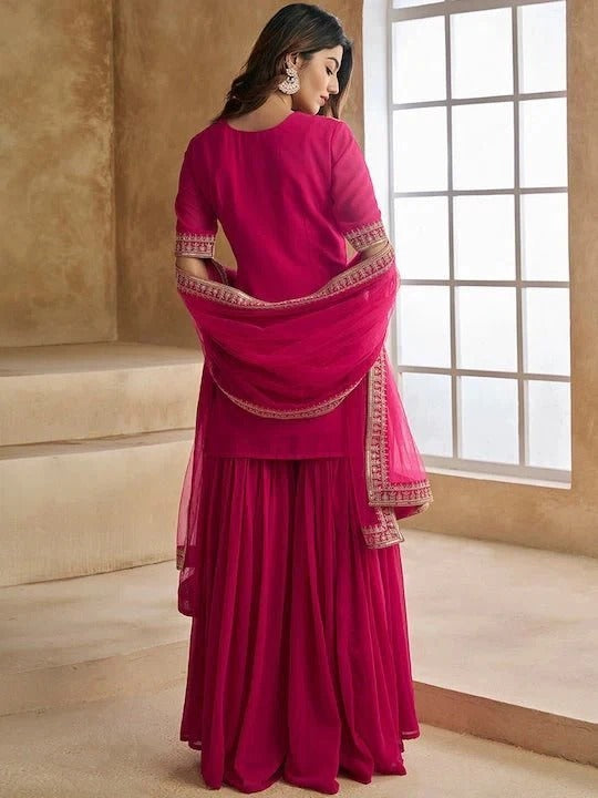 Women Pink Embroidered Sequence Worked Sharara Set