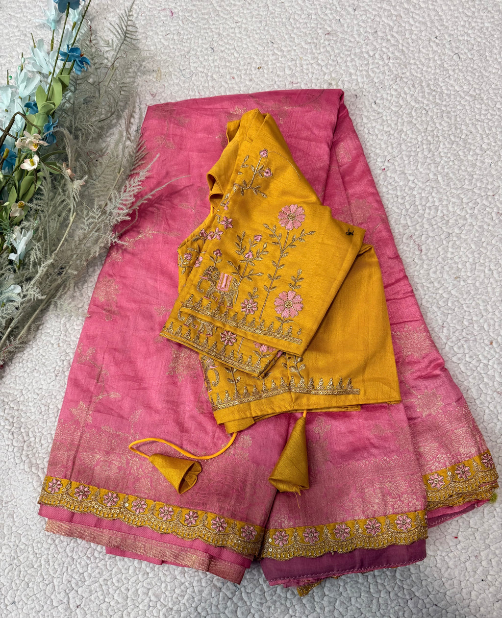 Dola Silk Saree with Embroidered Stitched Blouse