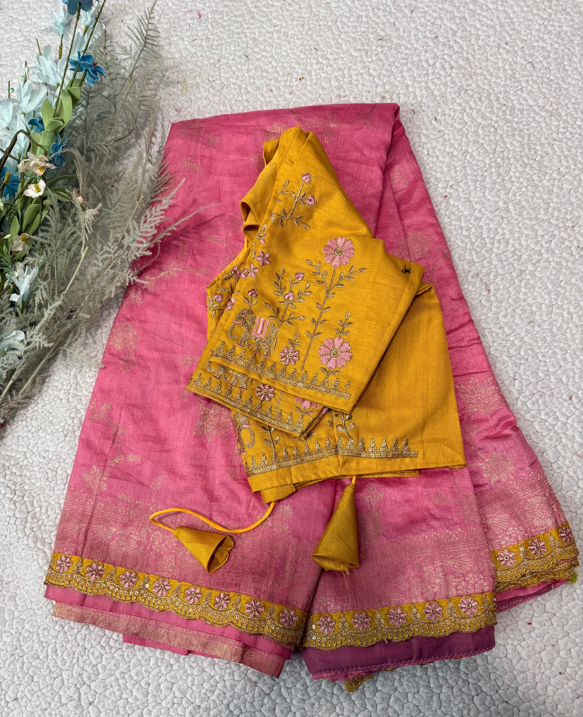Dola Silk Saree with Embroidered Stitched Blouse