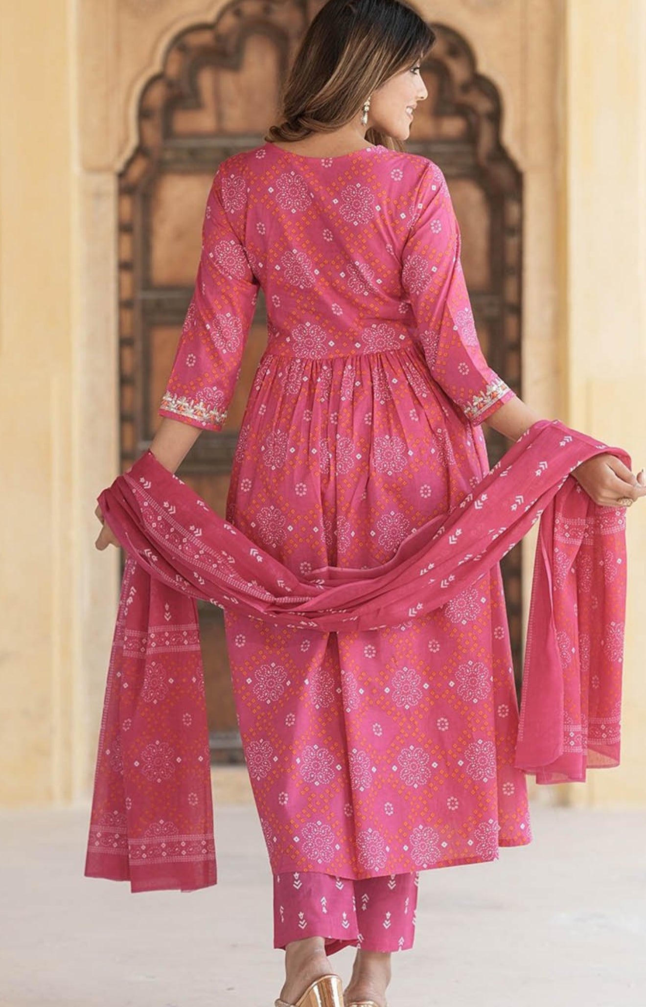 Bandhani printed embroidered Kurtha set with pants and dupatta