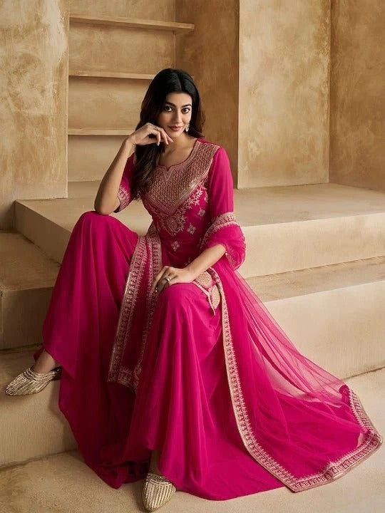 Women Pink Embroidered Sequence Worked Sharara Set