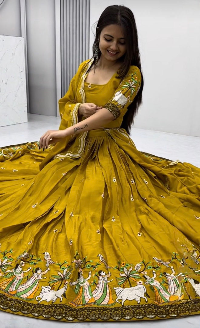 Women Heavy Embroidered Sequence Worked Chinon Lehanga Choli Set