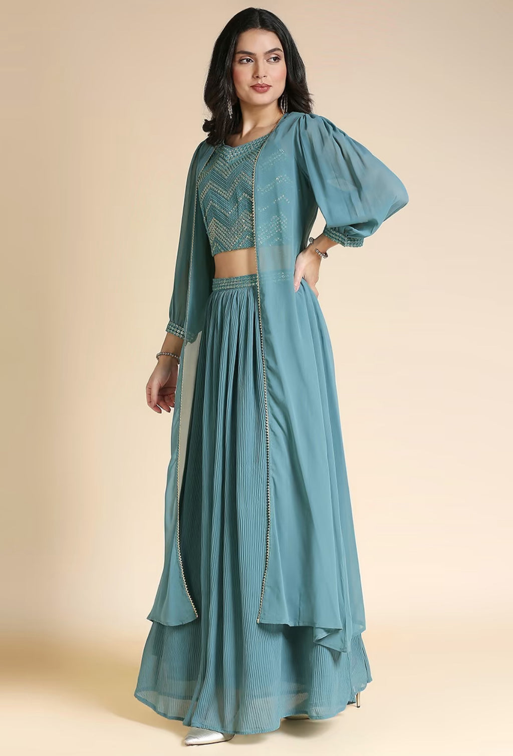 Women Crushed Fabric Party Wear Lehanga Choli Set with Long Shrug