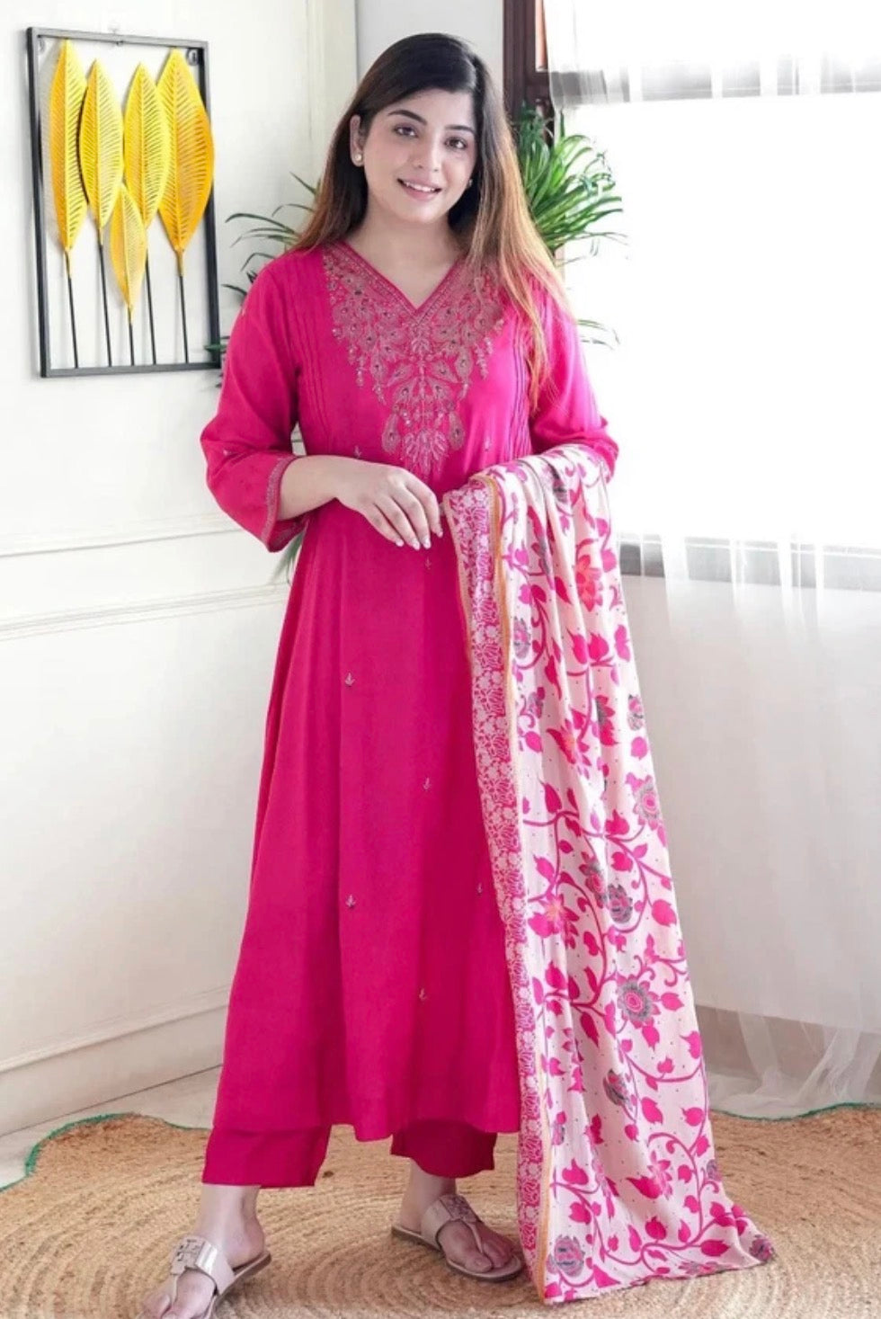 Pink Viscose Silk Kurtha Set