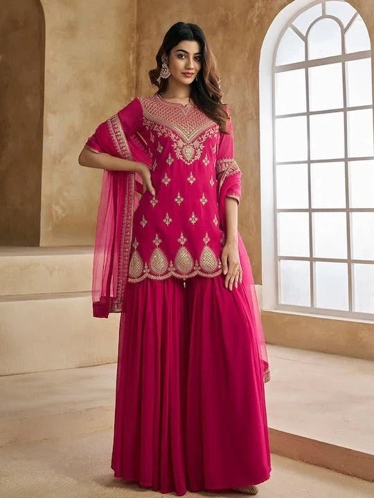 Women Pink Embroidered Sequence Worked Sharara Set