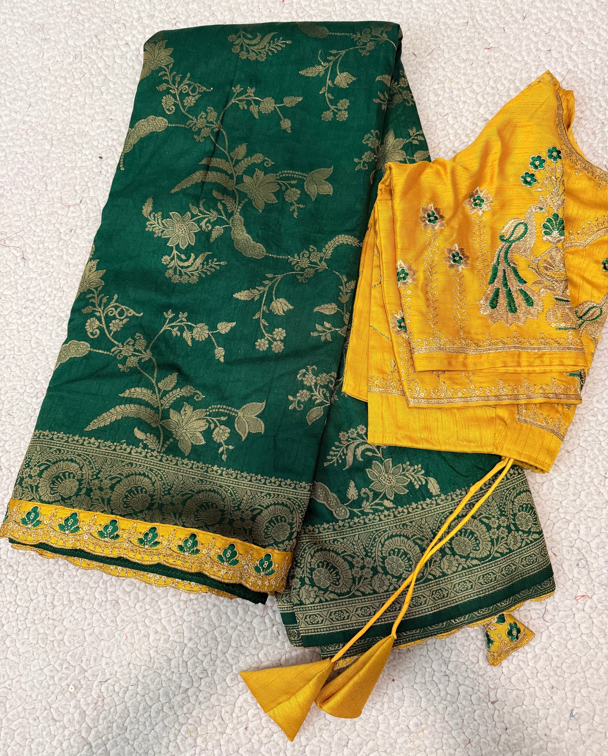 Green Dola Silk Saree with Embroidered Stitched Blouse