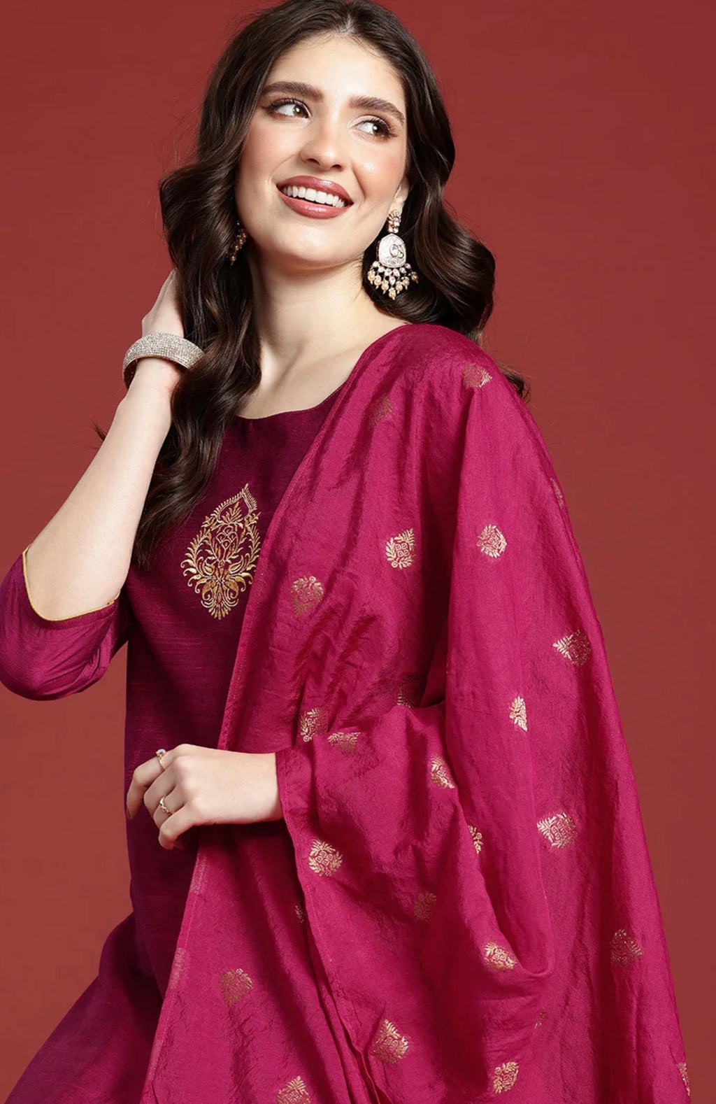 Silk Blend Ethnic Motifs Embroidered Kurtha Set with trousers and dupatta
