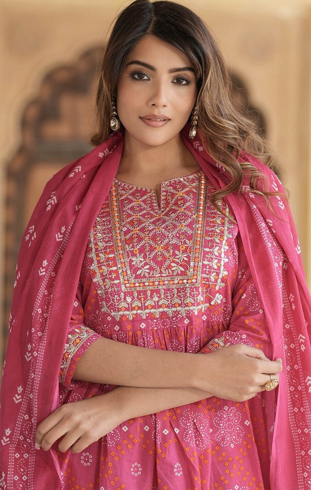 Bandhani printed embroidered Kurtha set with pants and dupatta
