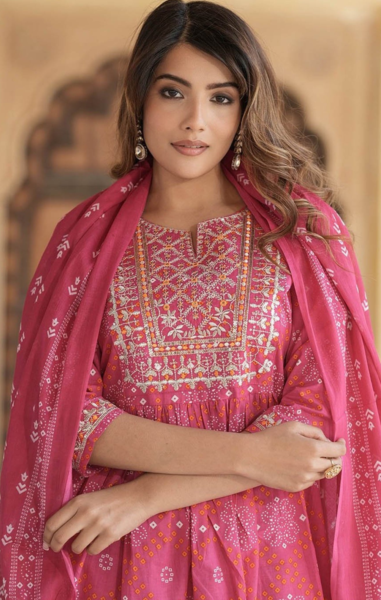 Bandhani printed embroidered Kurtha set with pants and dupatta