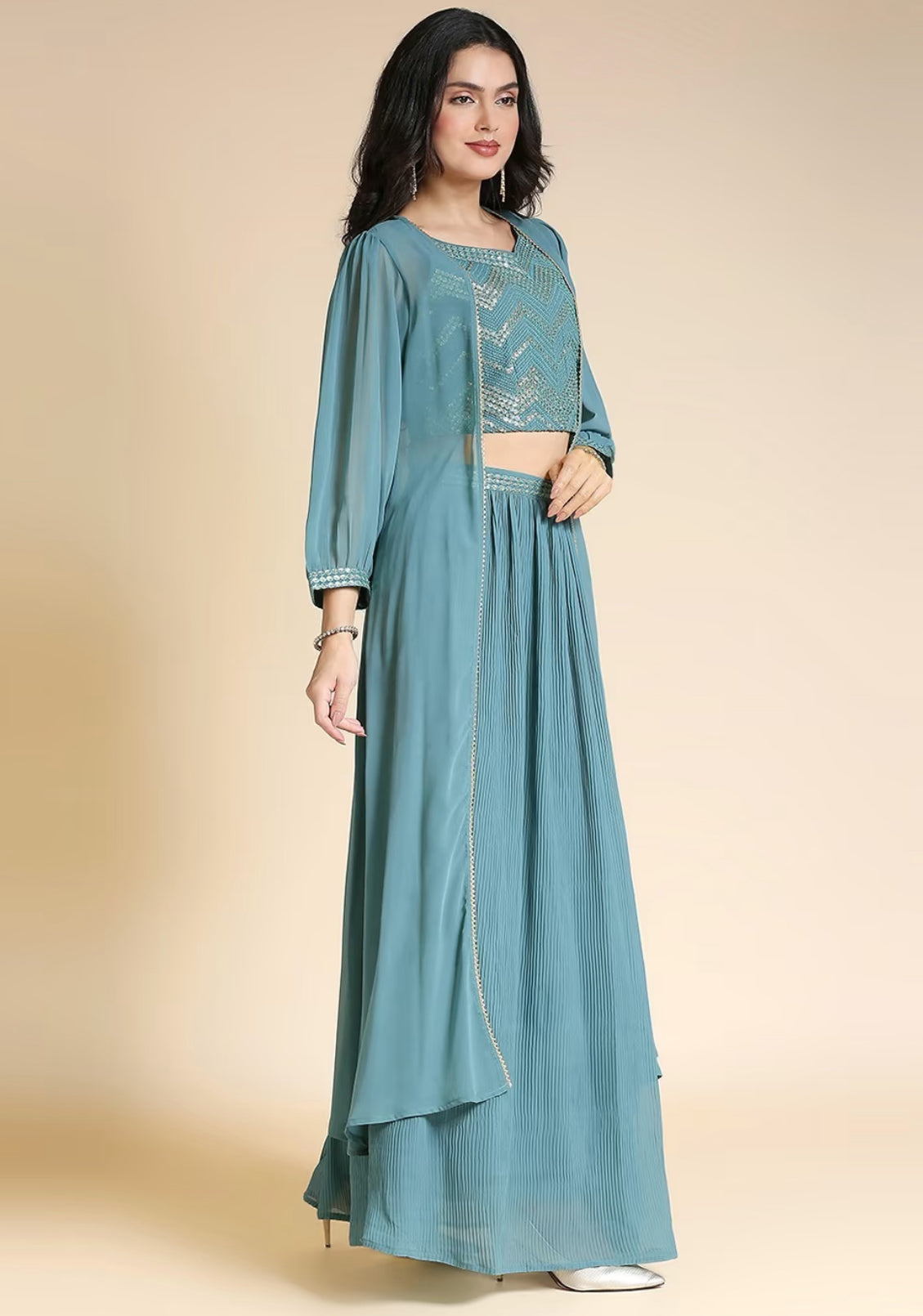 Women Crushed Fabric Party Wear Lehanga Choli Set with Long Shrug