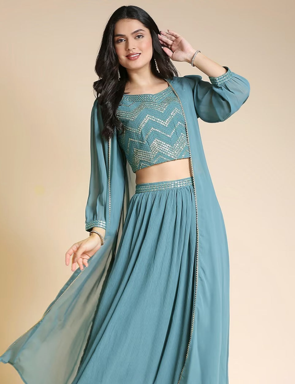 Women Crushed Fabric Party Wear Lehanga Choli Set with Long Shrug