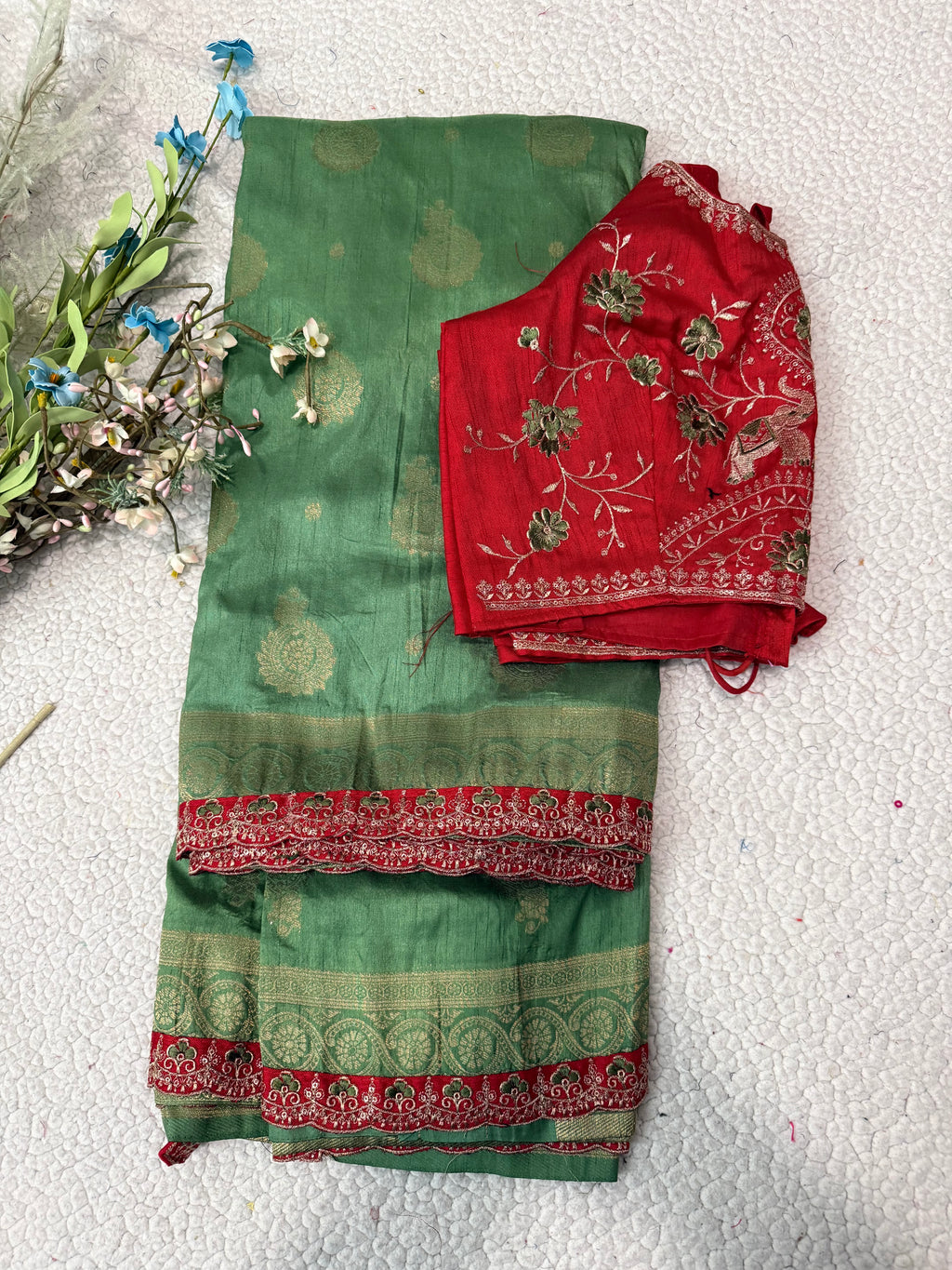 Green Dola Silk Saree with Embroidered Stitched Blouse