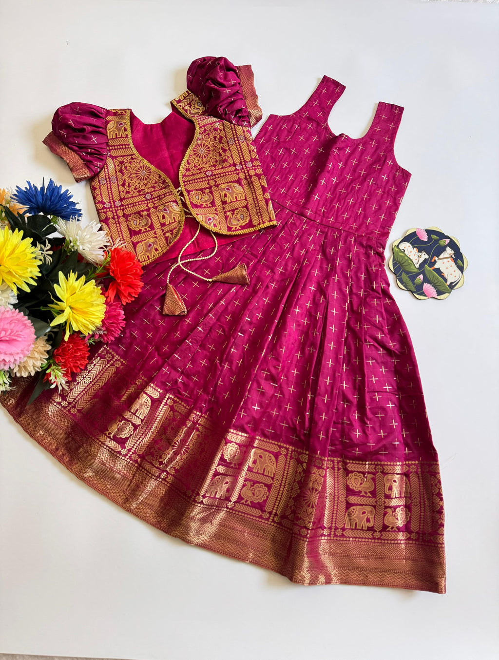 Soft Dola Silk Gown with Jacquard Border and Coat