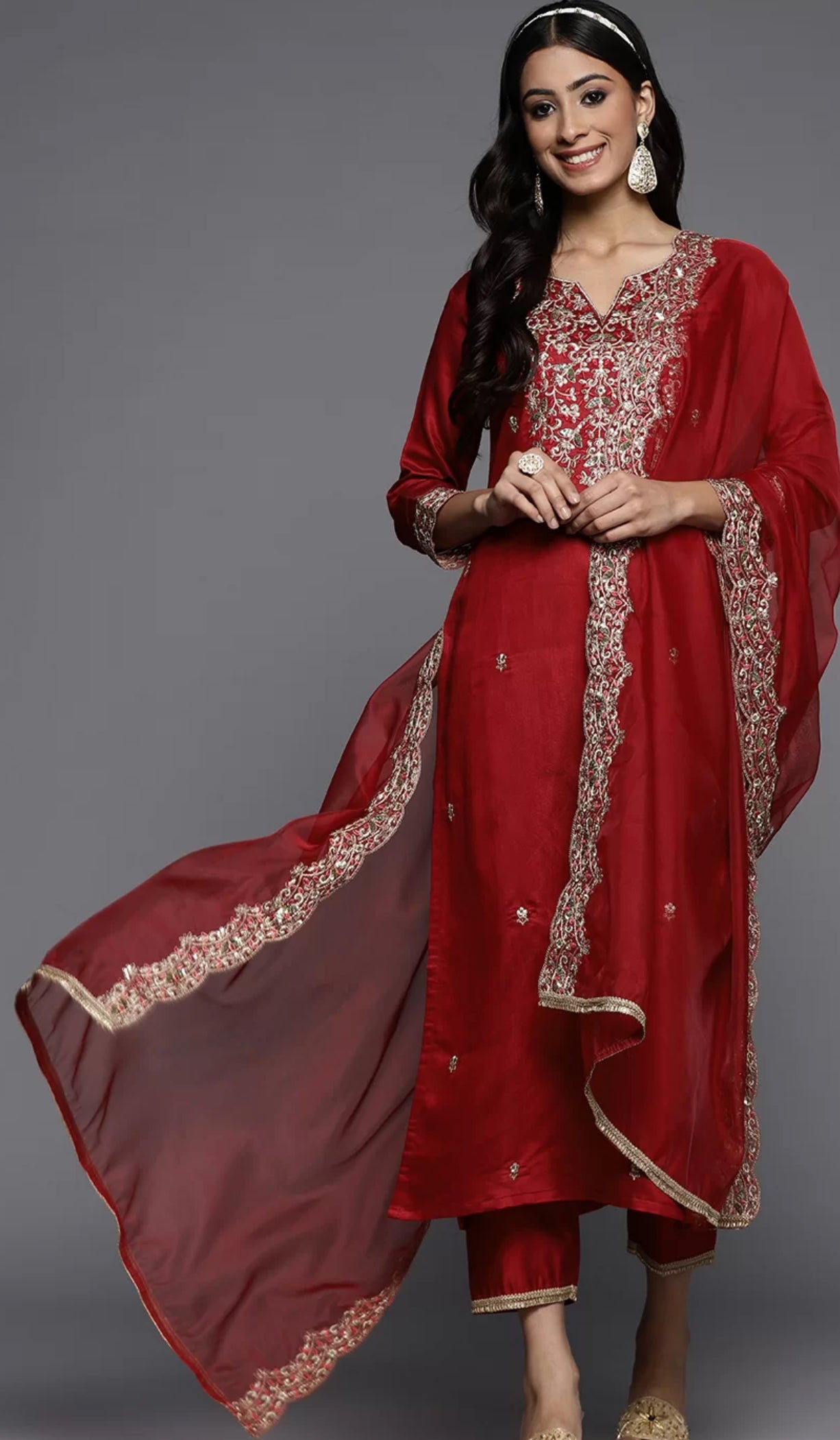 Women Red sequinned Ethnic Motifs Embroidered Kurtha with Trousers and Dupatta