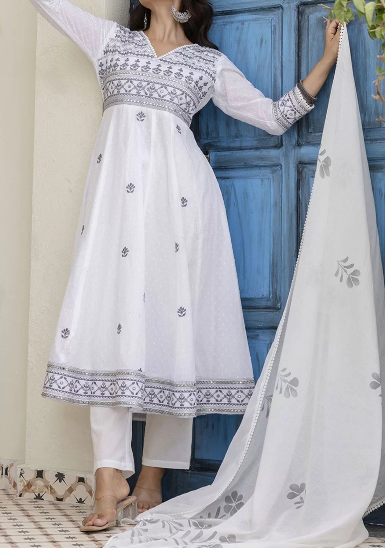 Women Floral Embroidered Cotton Kurtha with Trousers and Dupatta