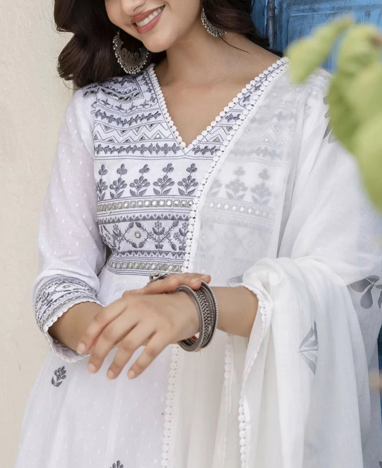 Women Floral Embroidered Cotton Kurtha with Trousers and Dupatta