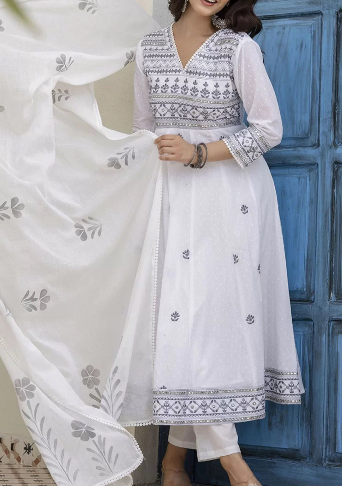Women Floral Embroidered Cotton Kurtha with Trousers and Dupatta