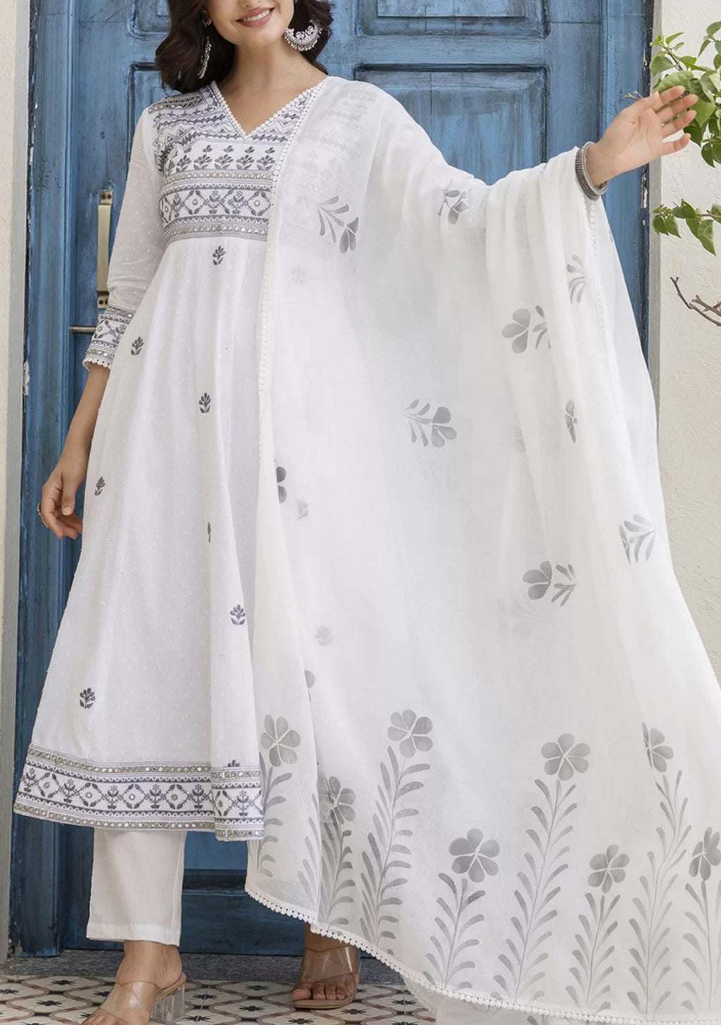 Women Floral Embroidered Cotton Kurtha with Trousers and Dupatta