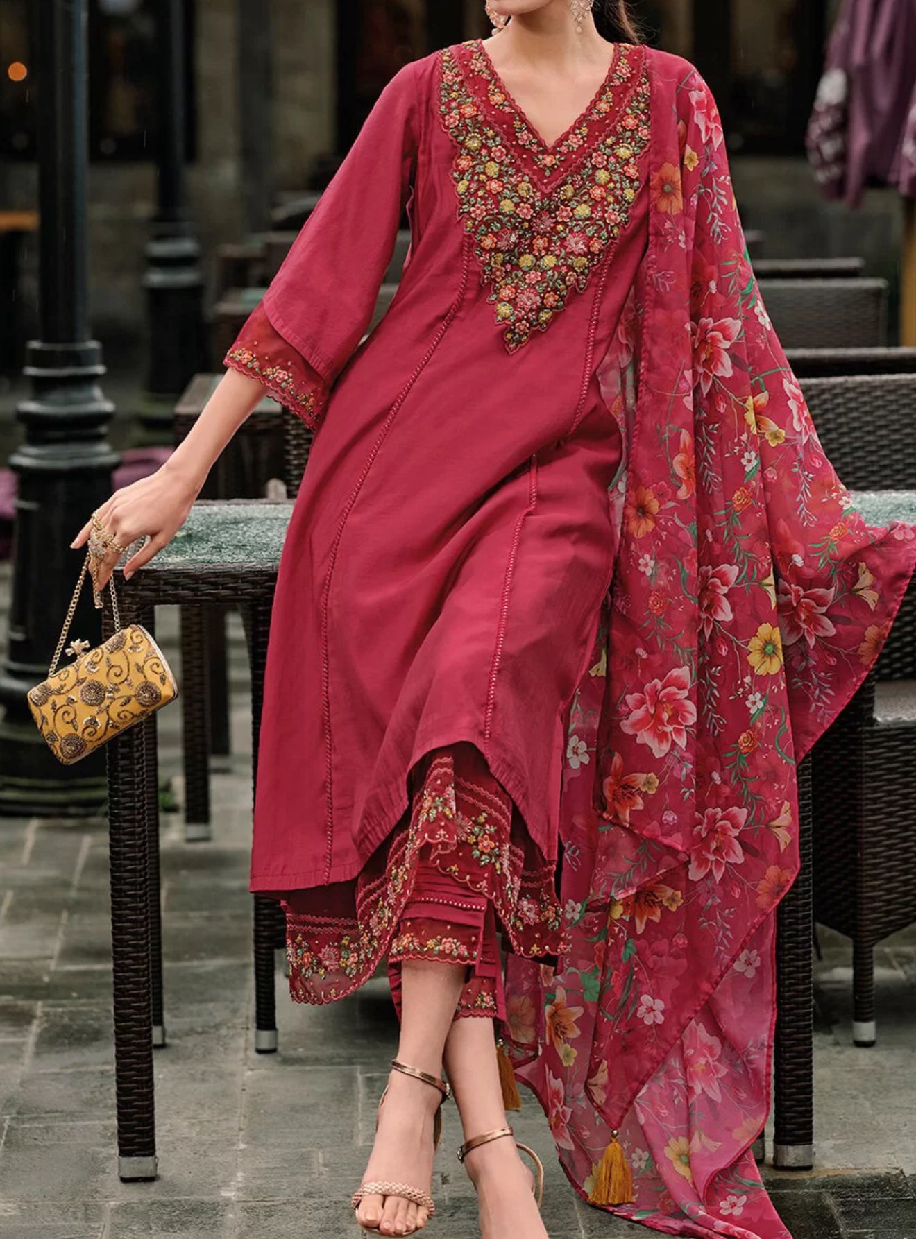 Women Silk Kurtha Set with Floral Embroidery and Thread Work