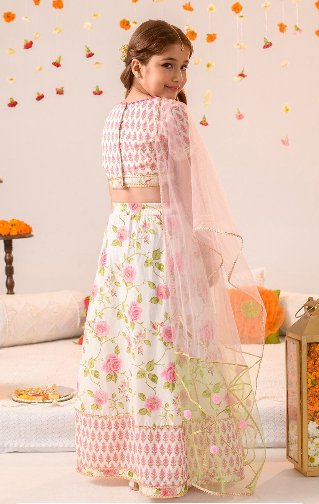 Girls Cotton Beige and Pink Floral Ready to Wear Lehanga Choli Set