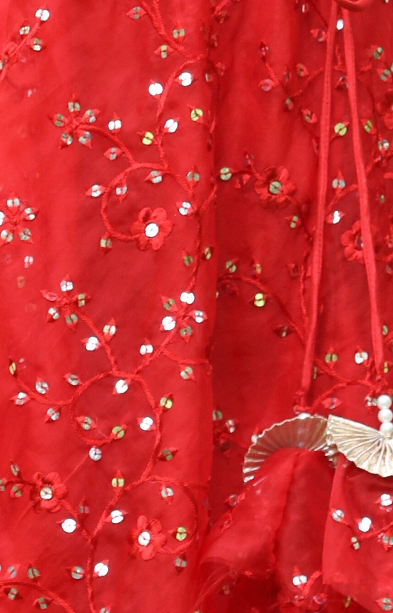 Girls Red and Gold toned Zari Sequenced Ready to Wear Lehanga Choli Set