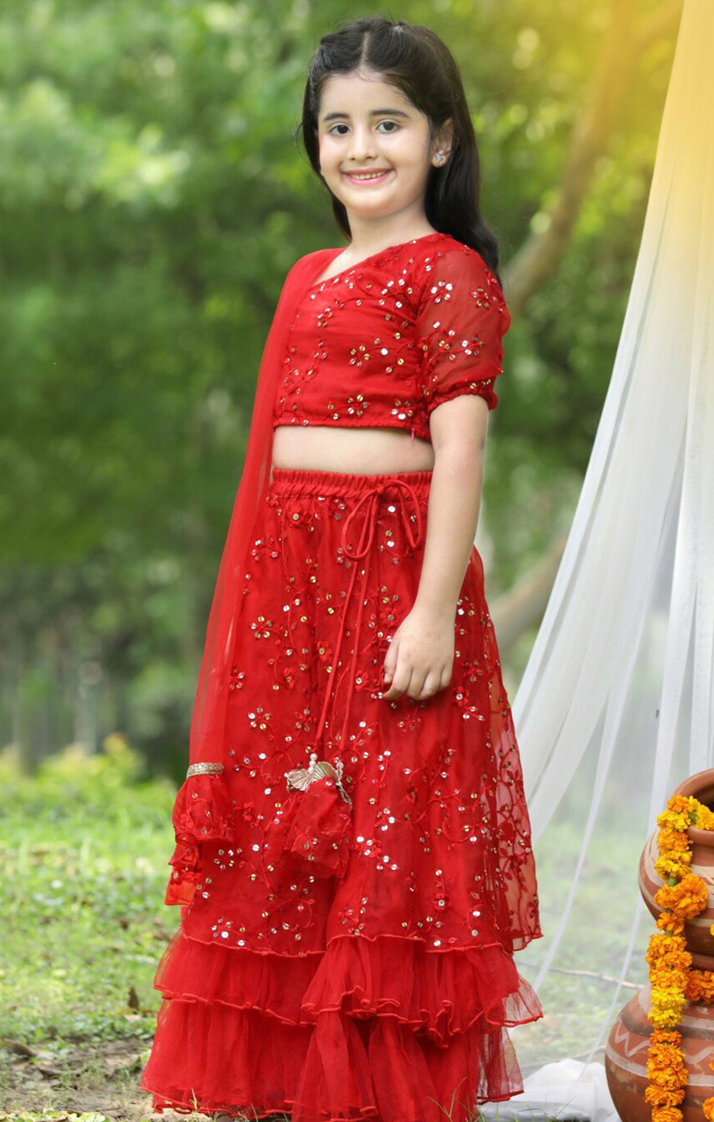 Girls Red and Gold toned Zari Sequenced Ready to Wear Lehanga Choli Set