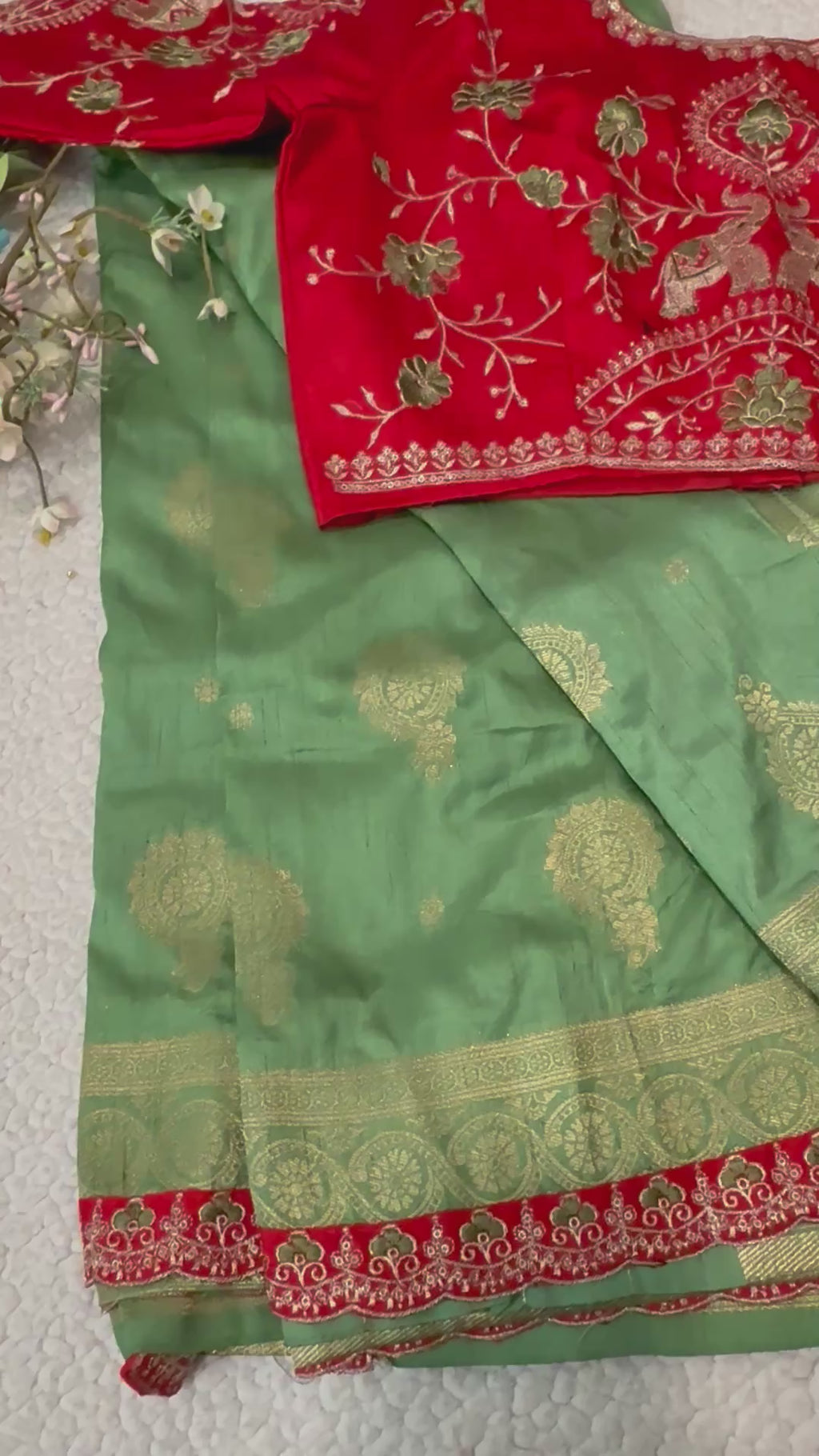Green Dola Silk Saree with Embroidered Stitched Blouse